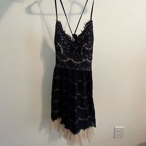 Trixxi Navy blue lace dress with cream tulle